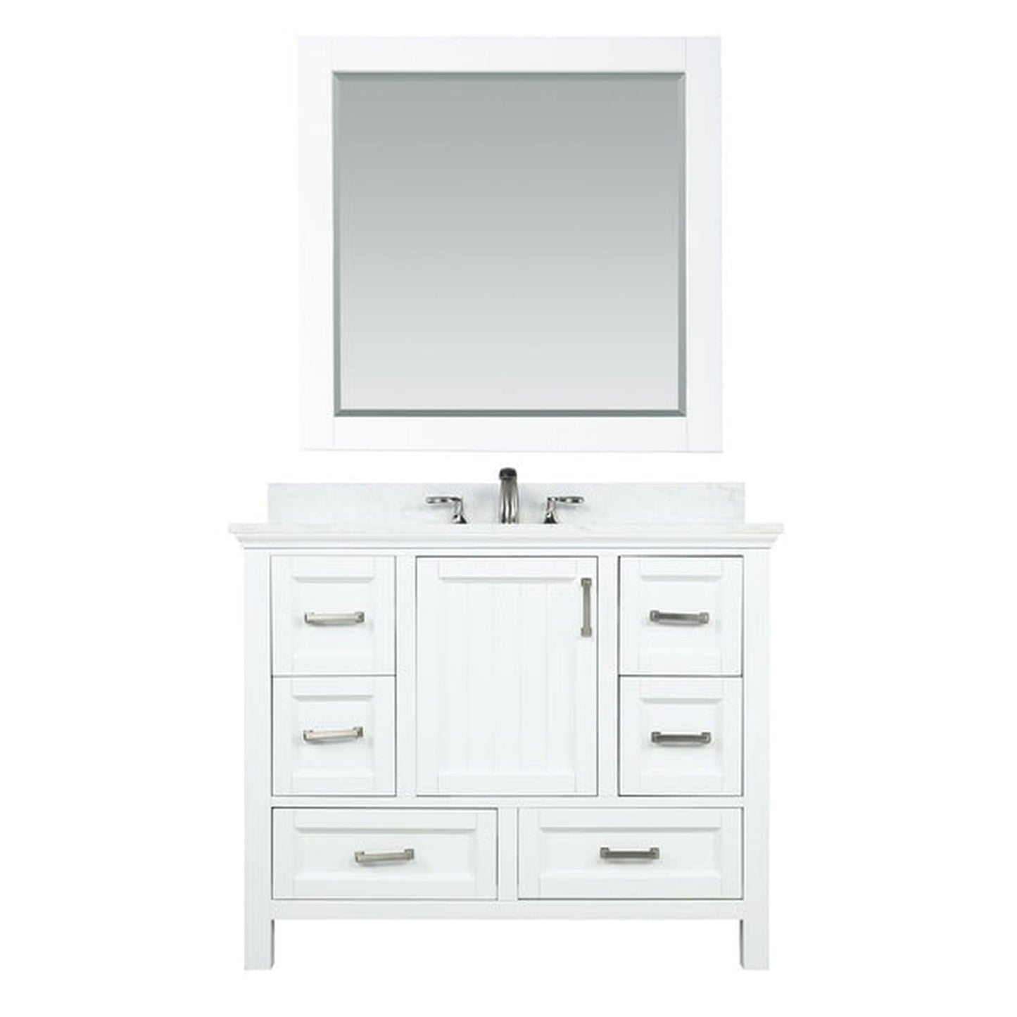 Altair Isla 42" Single White Freestanding Bathroom Vanity Set With Mirror, Aosta White Composite Stone Top Two Rectangular Undermount Ceramic Sinks, Overflow, and Backsplash