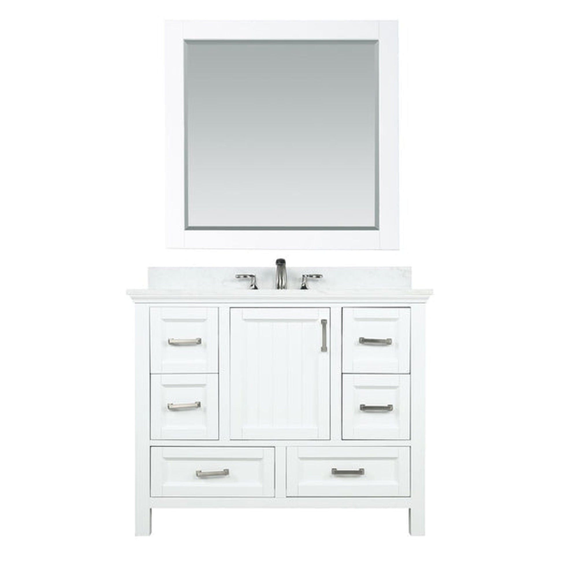 Altair Isla 42" Single White Freestanding Bathroom Vanity Set With Mirror, Aosta White Composite Stone Top Two Rectangular Undermount Ceramic Sinks, Overflow, and Backsplash