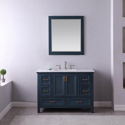 Altair Isla 48" Single Classic Blue Freestanding Bathroom Vanity Set With Mirror, Natural Carrara White Marble Top, Rectangular Undermount Ceramic Sink, and Overflow