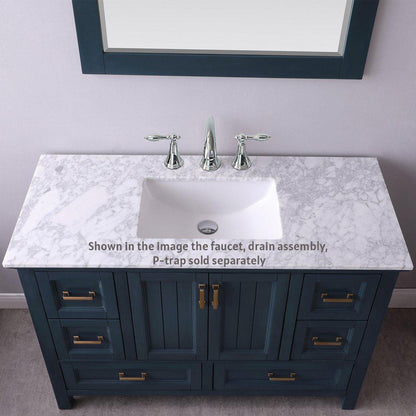 Altair Isla 48" Single Classic Blue Freestanding Bathroom Vanity Set With Mirror, Natural Carrara White Marble Top, Rectangular Undermount Ceramic Sink, and Overflow