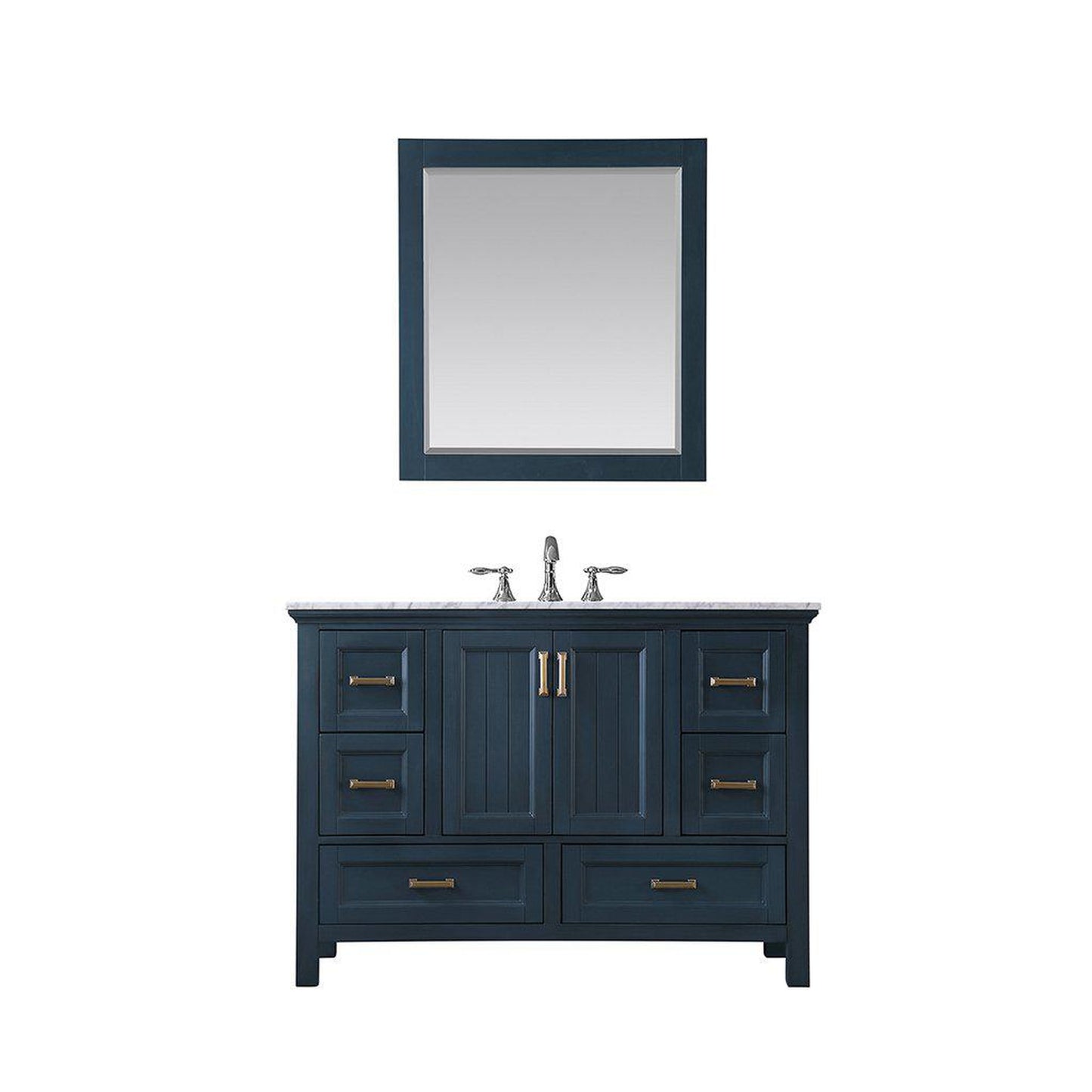 Altair Isla 48" Single Classic Blue Freestanding Bathroom Vanity Set With Mirror, Natural Carrara White Marble Top, Rectangular Undermount Ceramic Sink, and Overflow