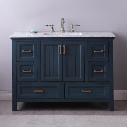 Altair Isla 48" Single Classic Blue Freestanding Bathroom Vanity Set With Natural Carrara White Marble Top, Rectangular Undermount Ceramic Sink, and Overflow
