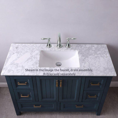 Altair Isla 48" Single Classic Blue Freestanding Bathroom Vanity Set With Natural Carrara White Marble Top, Rectangular Undermount Ceramic Sink, and Overflow