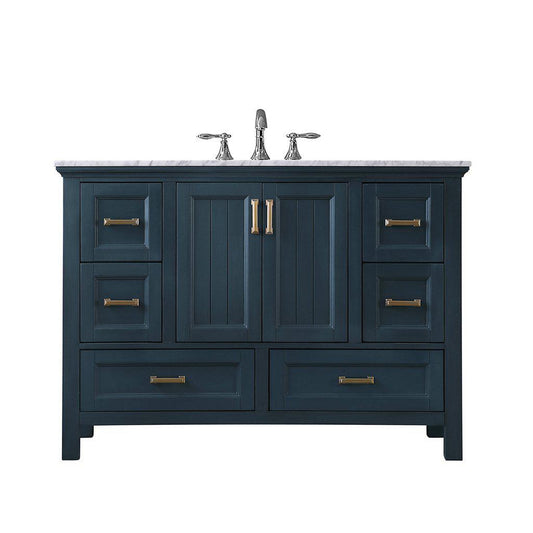 Altair Isla 48" Single Classic Blue Freestanding Bathroom Vanity Set With Natural Carrara White Marble Top, Rectangular Undermount Ceramic Sink, and Overflow