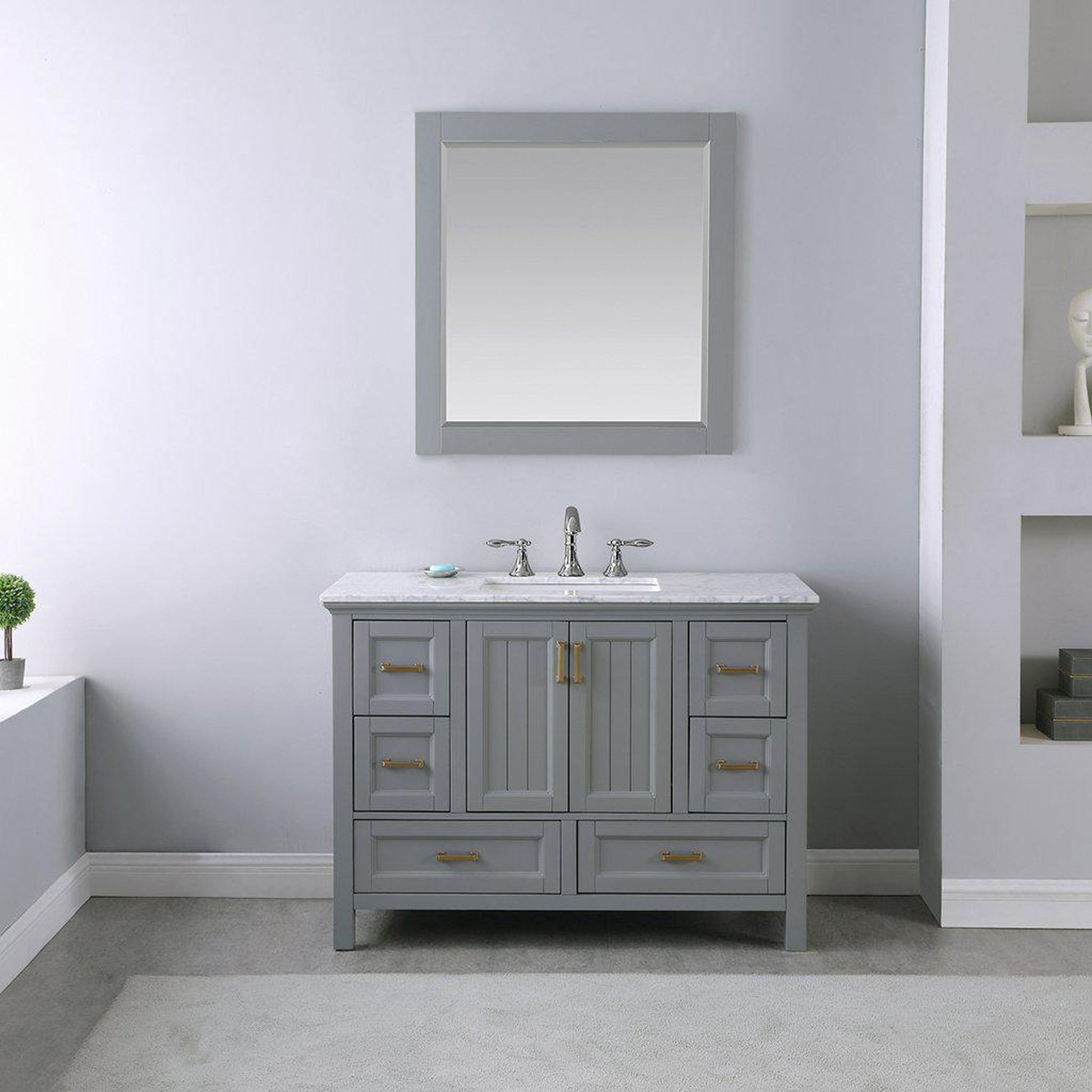 Altair Isla 48" Single Gray Freestanding Bathroom Vanity Set With Mirror, Natural Carrara White Marble Top, Rectangular Undermount Ceramic Sink, and Overflow