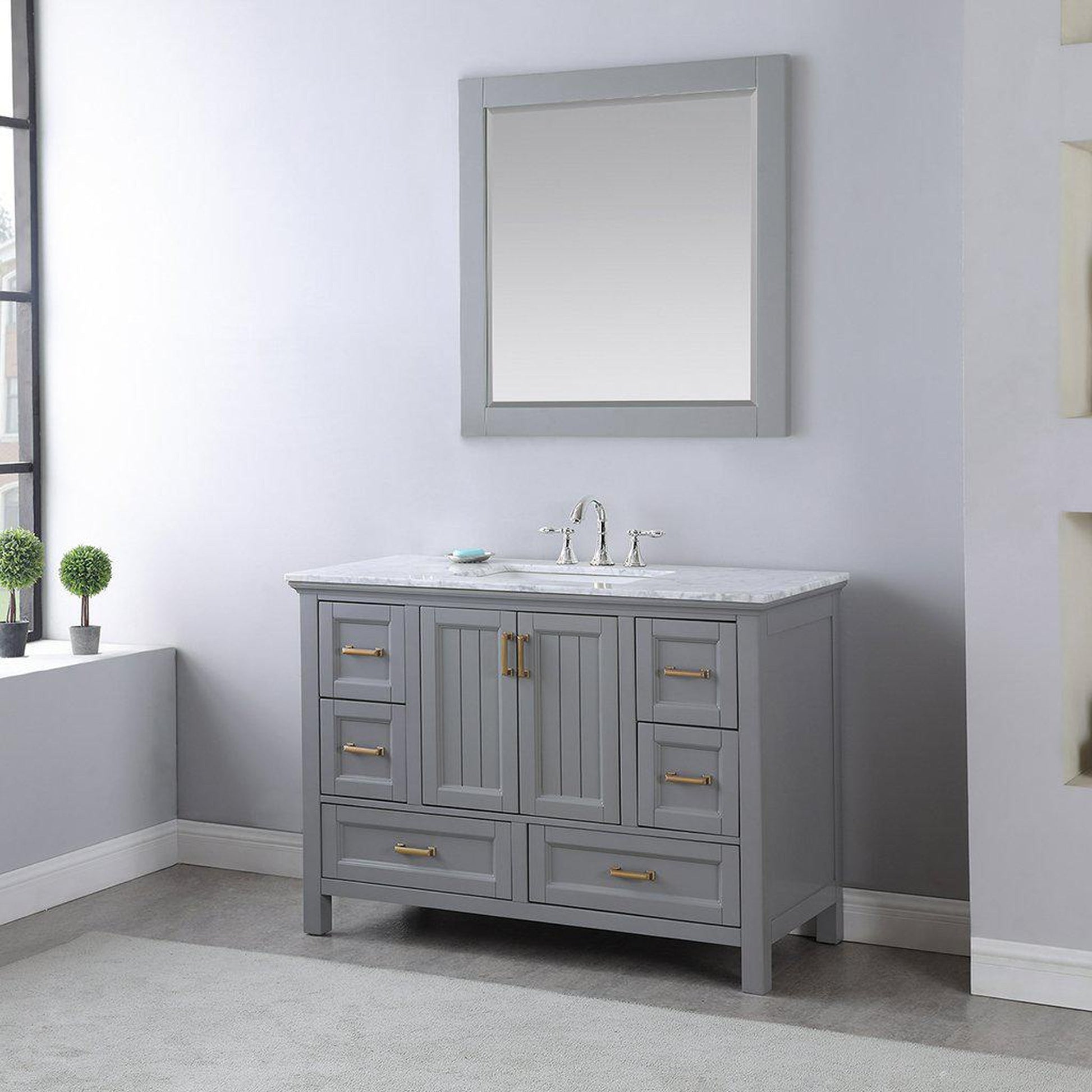 Altair Isla 48" Single Gray Freestanding Bathroom Vanity Set With Mirror, Natural Carrara White Marble Top, Rectangular Undermount Ceramic Sink, and Overflow