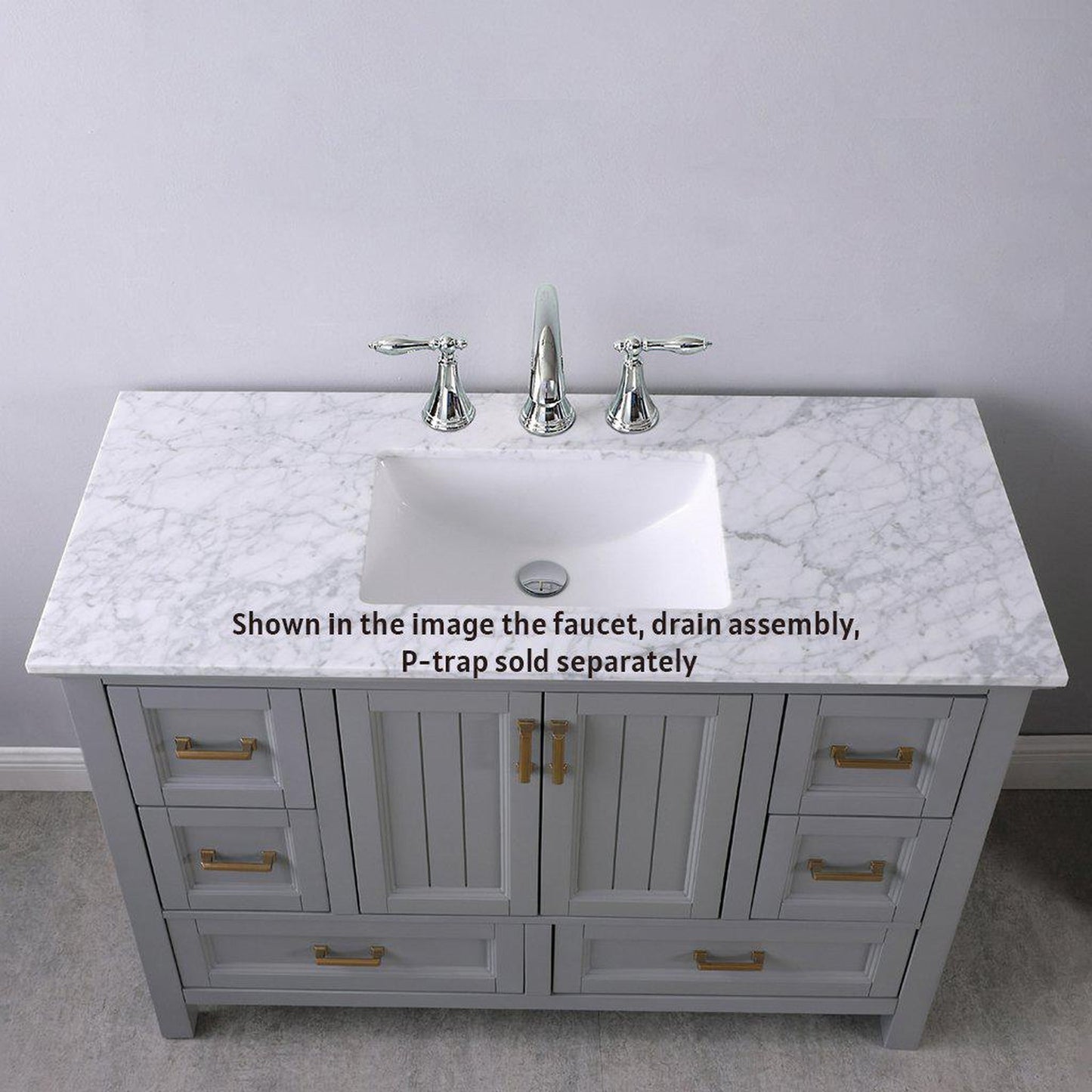 Altair Isla 48" Single Gray Freestanding Bathroom Vanity Set With Mirror, Natural Carrara White Marble Top, Rectangular Undermount Ceramic Sink, and Overflow