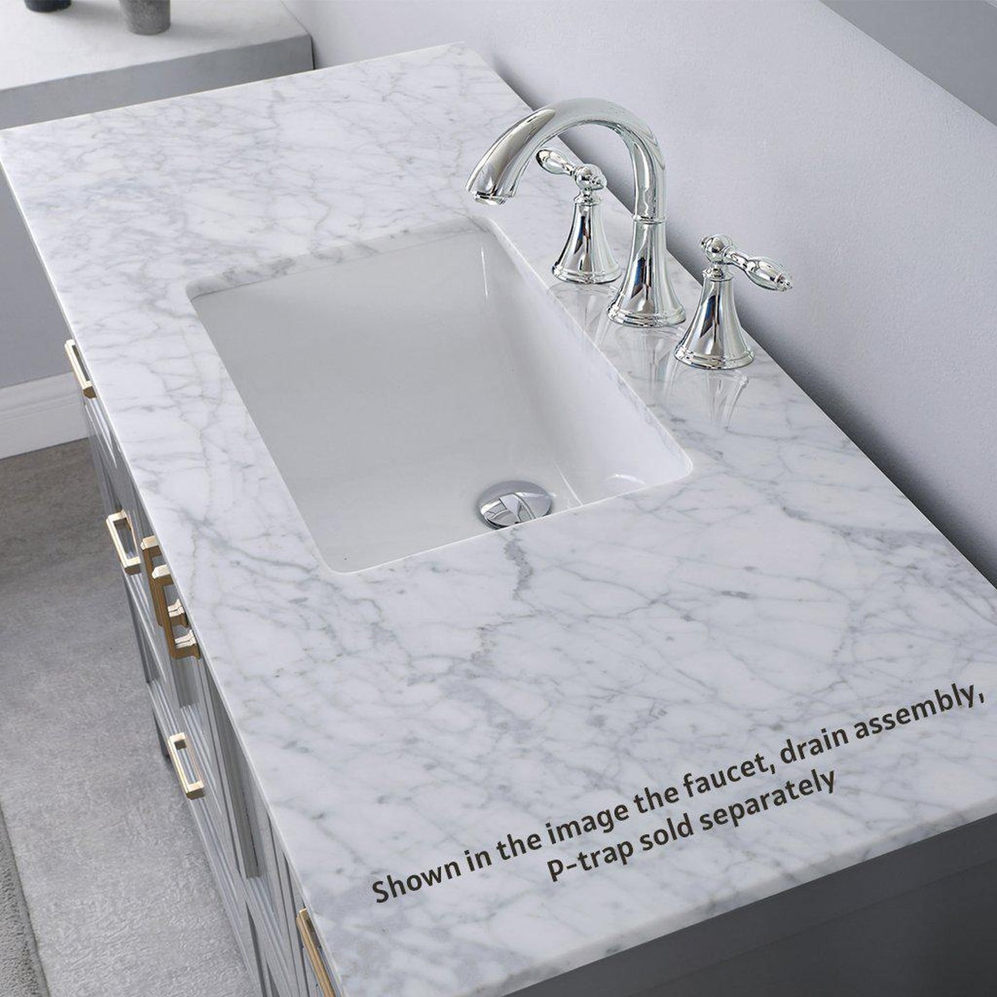 Altair Isla 48" Single Gray Freestanding Bathroom Vanity Set With Mirror, Natural Carrara White Marble Top, Rectangular Undermount Ceramic Sink, and Overflow