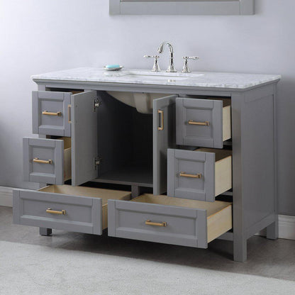 Altair Isla 48" Single Gray Freestanding Bathroom Vanity Set With Mirror, Natural Carrara White Marble Top, Rectangular Undermount Ceramic Sink, and Overflow