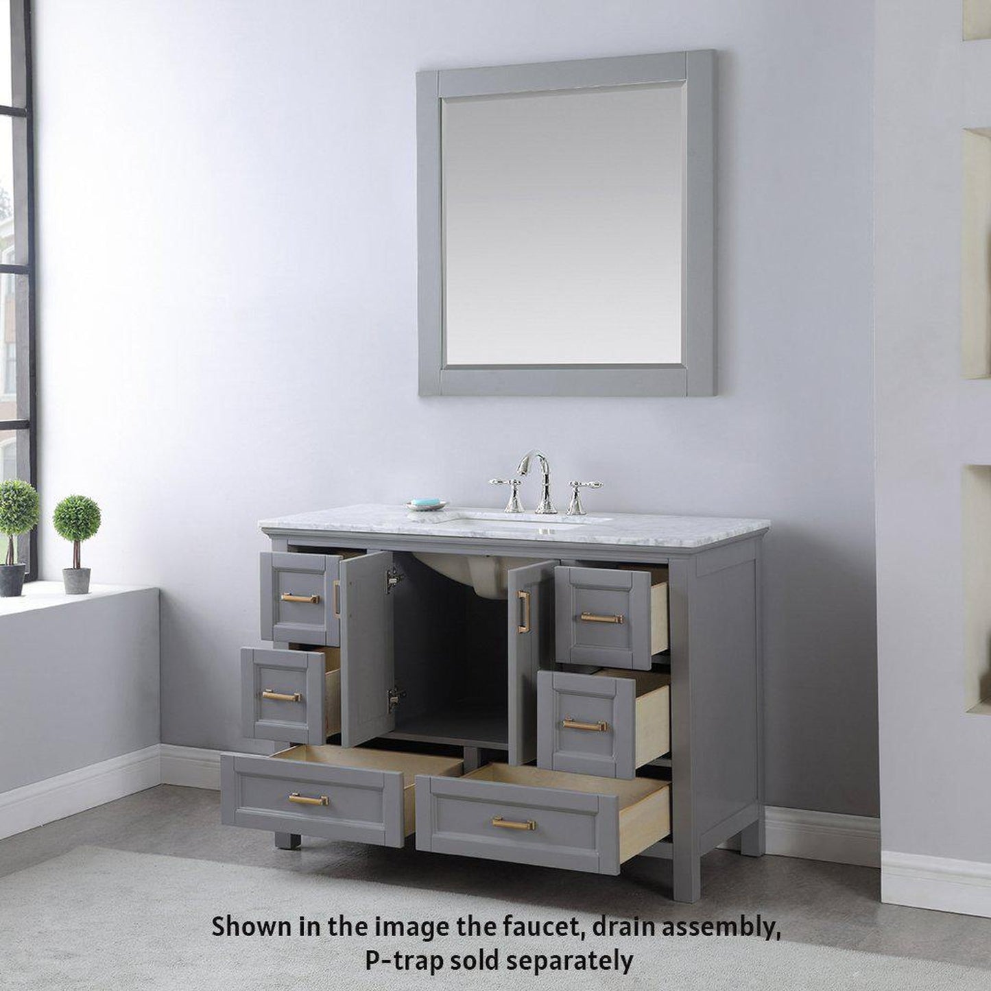 Altair Isla 48" Single Gray Freestanding Bathroom Vanity Set With Mirror, Natural Carrara White Marble Top, Rectangular Undermount Ceramic Sink, and Overflow