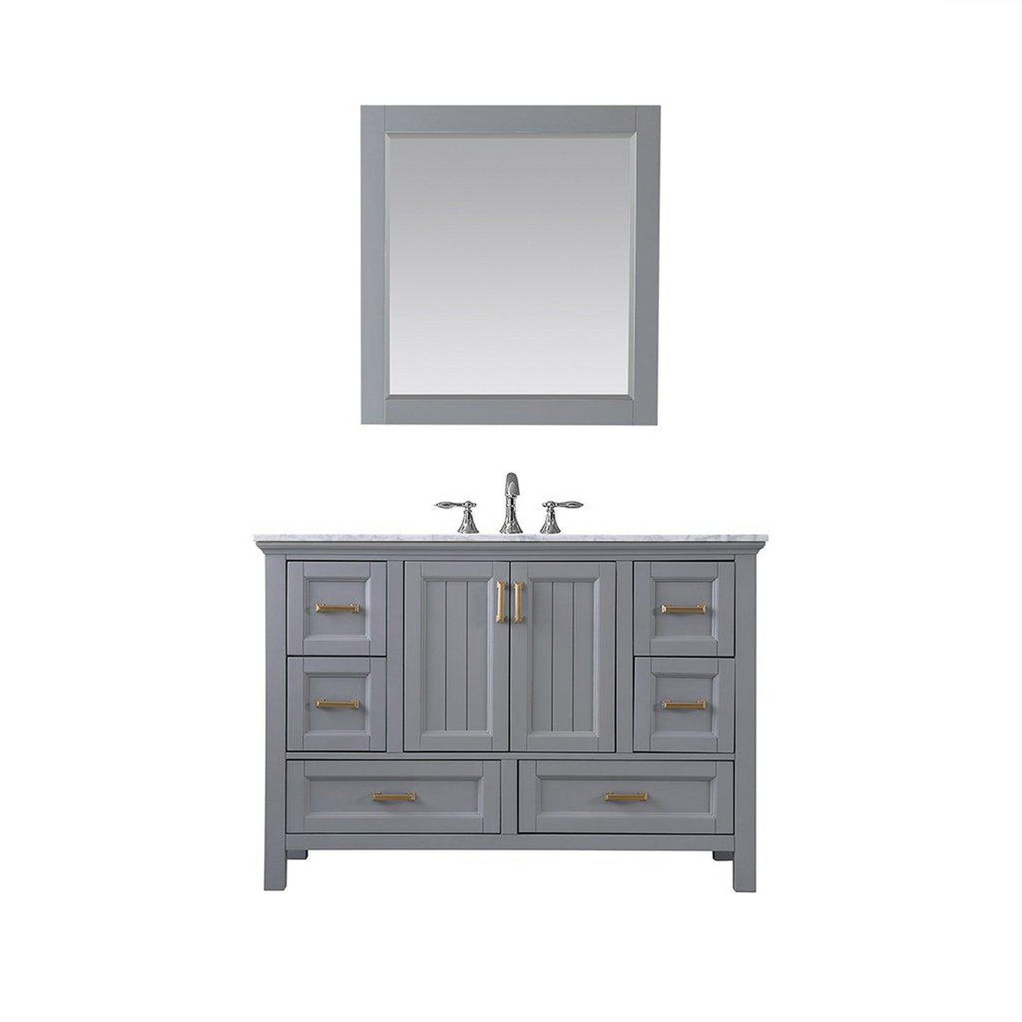 Altair Isla 48" Single Gray Freestanding Bathroom Vanity Set With Mirror, Natural Carrara White Marble Top, Rectangular Undermount Ceramic Sink, and Overflow