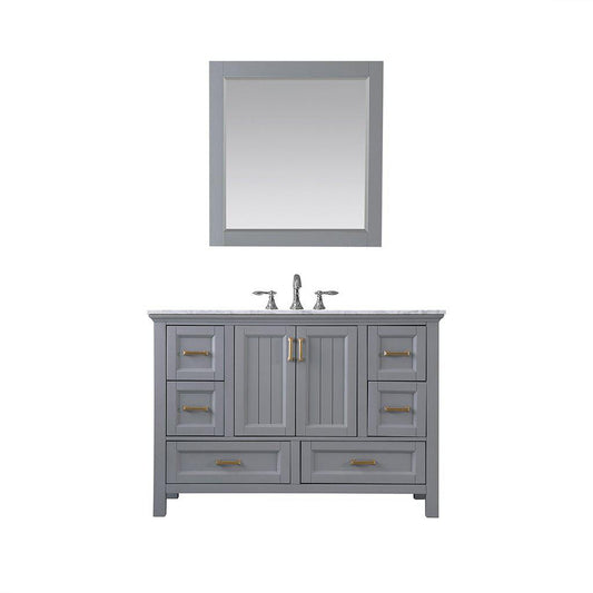 Altair Isla 48" Single Gray Freestanding Bathroom Vanity Set With Mirror, Natural Carrara White Marble Top, Rectangular Undermount Ceramic Sink, and Overflow