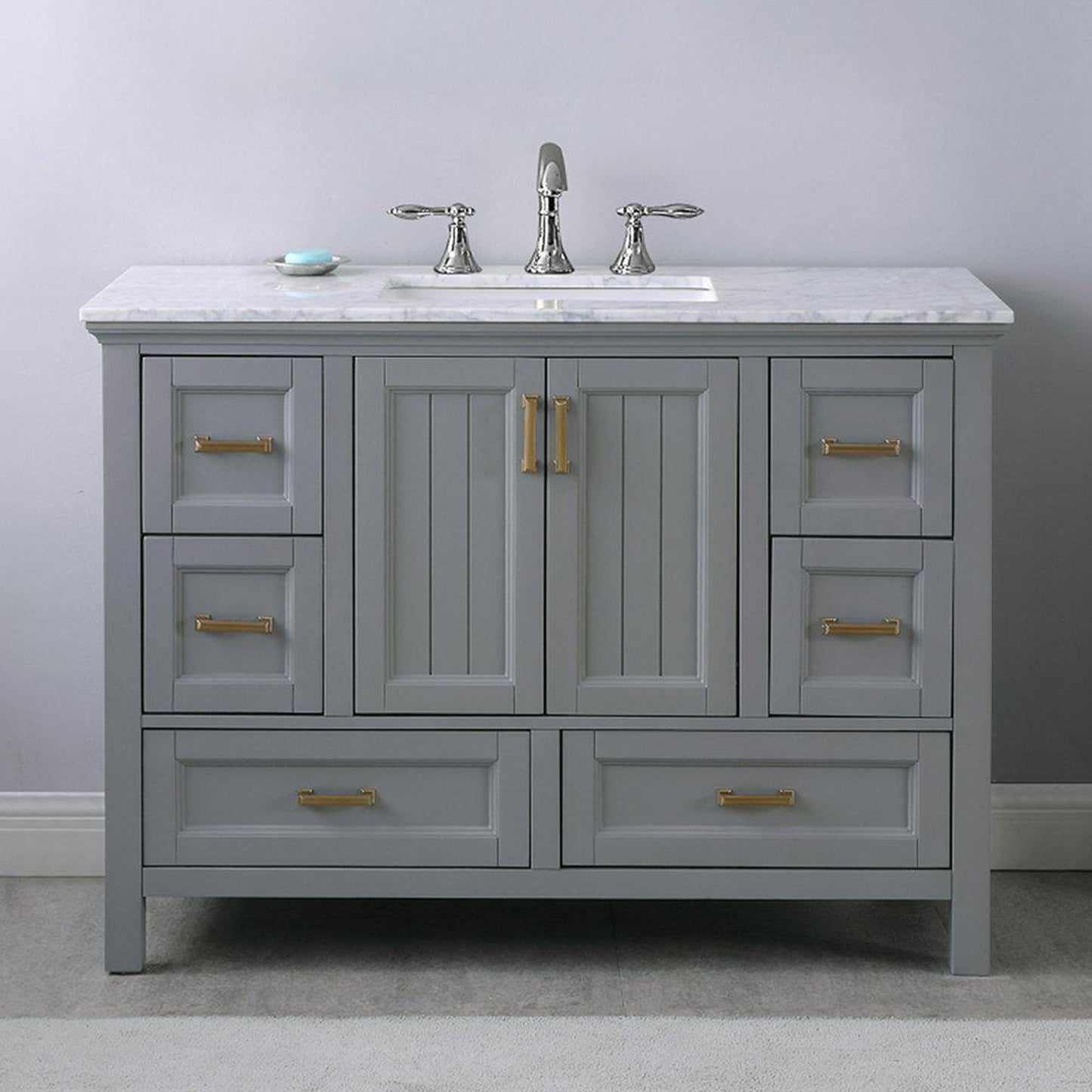 Altair Isla 48" Single Gray Freestanding Bathroom Vanity Set With Natural Carrara White Marble Top, Rectangular Undermount Ceramic Sink, and Overflow