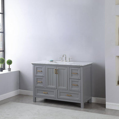 Altair Isla 48" Single Gray Freestanding Bathroom Vanity Set With Natural Carrara White Marble Top, Rectangular Undermount Ceramic Sink, and Overflow