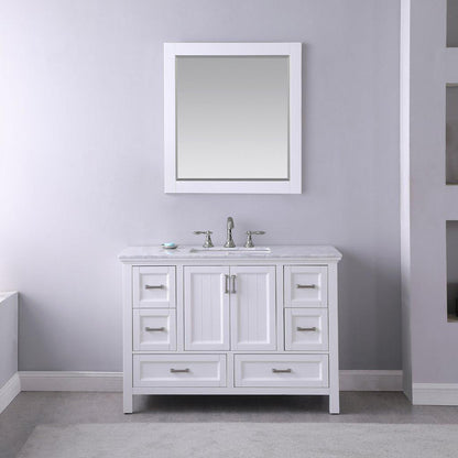 Altair Isla 48" Single White Freestanding Bathroom Vanity Set With Mirror, Natural Carrara White Marble Top, Rectangular Undermount Ceramic Sink, and Overflow