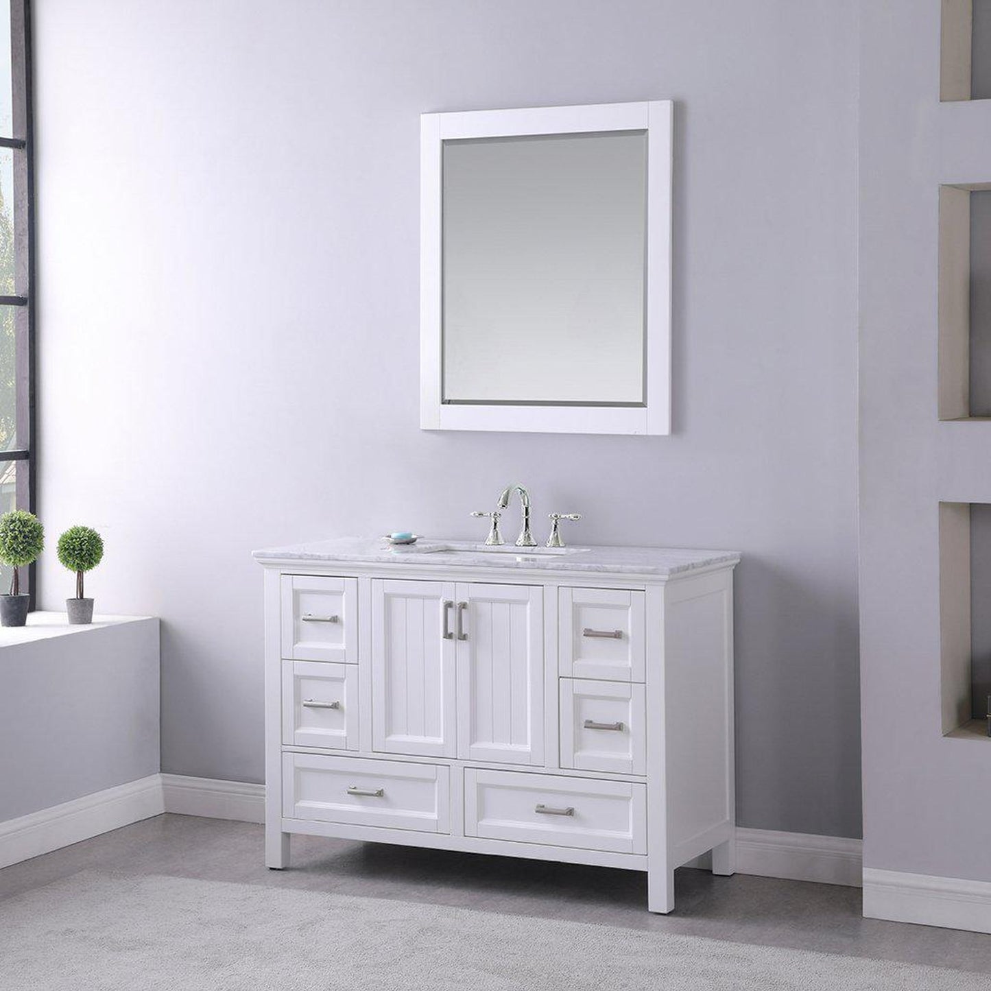 Altair Isla 48" Single White Freestanding Bathroom Vanity Set With Mirror, Natural Carrara White Marble Top, Rectangular Undermount Ceramic Sink, and Overflow