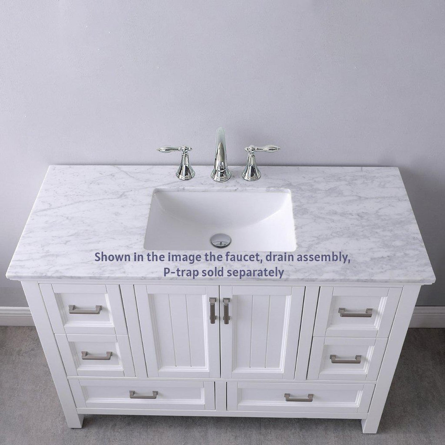 Altair Isla 48" Single White Freestanding Bathroom Vanity Set With Mirror, Natural Carrara White Marble Top, Rectangular Undermount Ceramic Sink, and Overflow