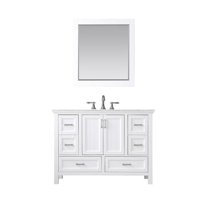 Altair Isla 48" Single White Freestanding Bathroom Vanity Set With Mirror, Natural Carrara White Marble Top, Rectangular Undermount Ceramic Sink, and Overflow