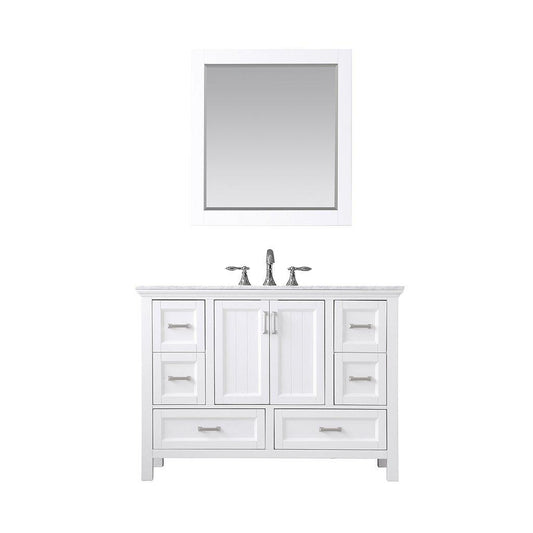 Altair Isla 48" Single White Freestanding Bathroom Vanity Set With Mirror, Natural Carrara White Marble Top, Rectangular Undermount Ceramic Sink, and Overflow