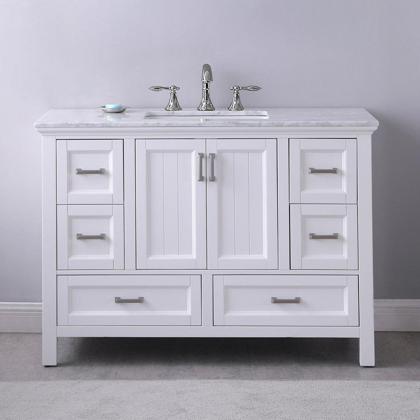 Altair Isla 48" Single White Freestanding Bathroom Vanity Set With Natural Carrara White Marble Top, Rectangular Undermount Ceramic Sink, and Overflow