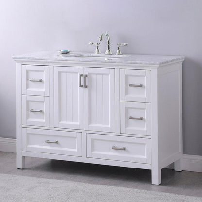 Altair Isla 48" Single White Freestanding Bathroom Vanity Set With Natural Carrara White Marble Top, Rectangular Undermount Ceramic Sink, and Overflow