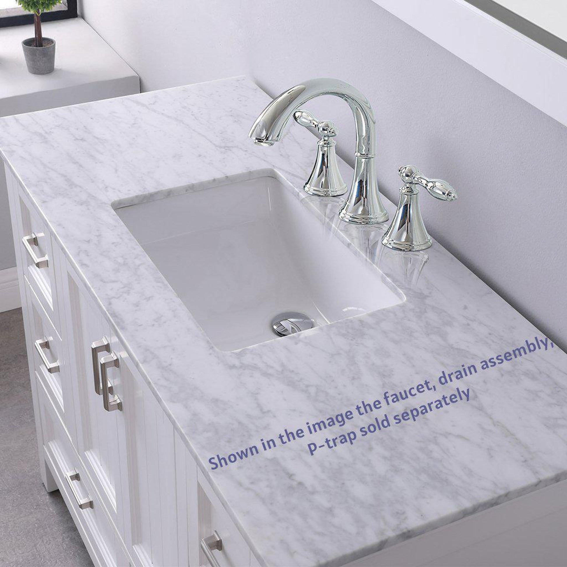 Altair Isla 48" Single White Freestanding Bathroom Vanity Set With Natural Carrara White Marble Top, Rectangular Undermount Ceramic Sink, and Overflow