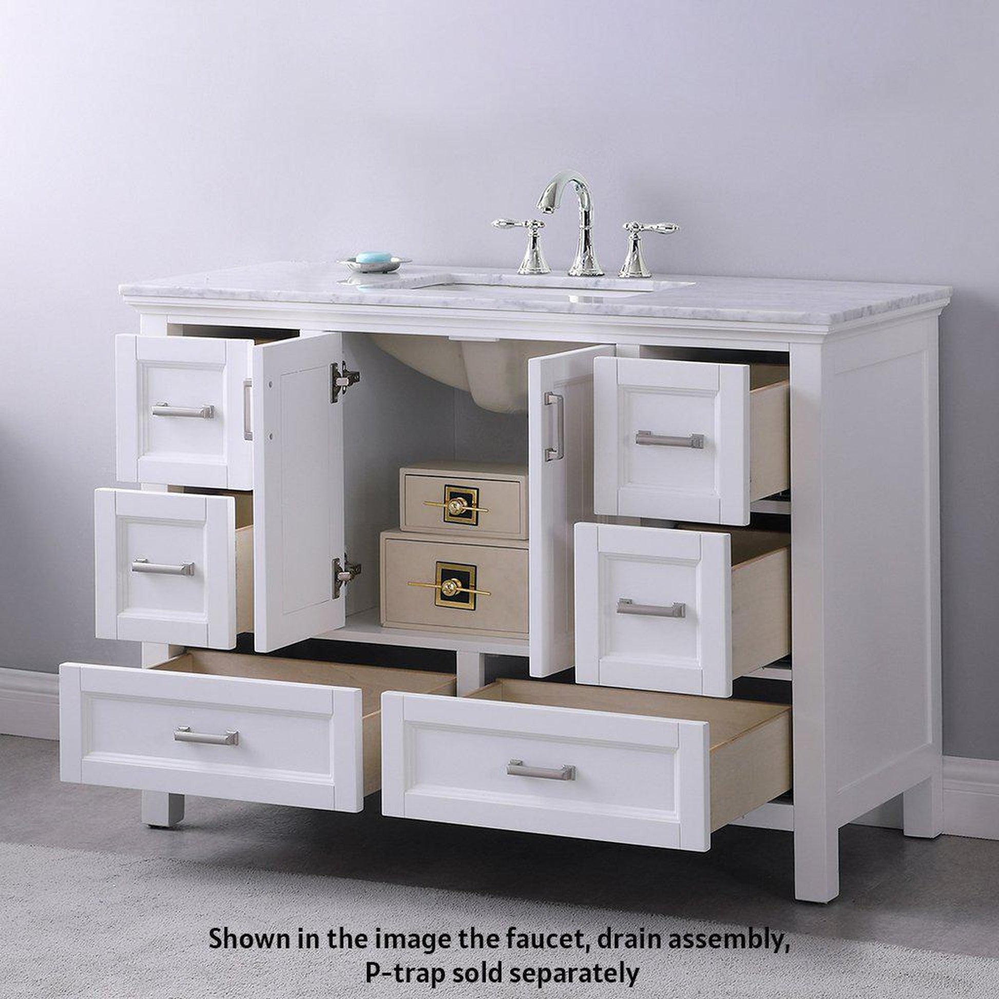 Altair Isla 48" Single White Freestanding Bathroom Vanity Set With Natural Carrara White Marble Top, Rectangular Undermount Ceramic Sink, and Overflow