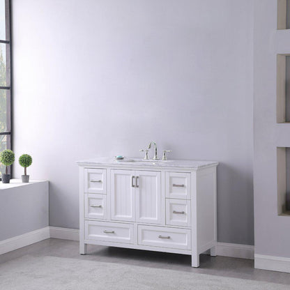 Altair Isla 48" Single White Freestanding Bathroom Vanity Set With Natural Carrara White Marble Top, Rectangular Undermount Ceramic Sink, and Overflow