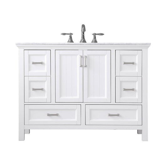 Altair Isla 48" Single White Freestanding Bathroom Vanity Set With Natural Carrara White Marble Top, Rectangular Undermount Ceramic Sink, and Overflow