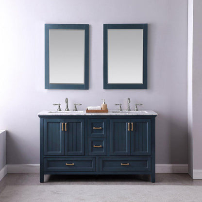 Altair Isla 60" Double Classic Blue Freestanding Bathroom Vanity Set With Mirror, Natural Carrara White Marble Top, Two Rectangular Undermount Ceramic Sinks, and Overflow