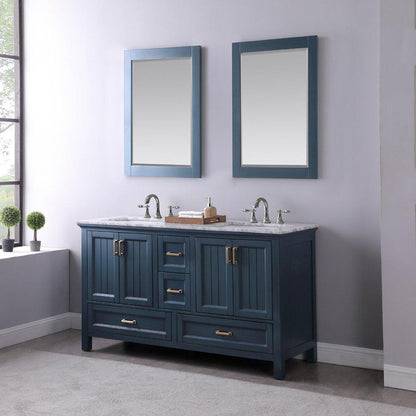 Altair Isla 60" Double Classic Blue Freestanding Bathroom Vanity Set With Mirror, Natural Carrara White Marble Top, Two Rectangular Undermount Ceramic Sinks, and Overflow