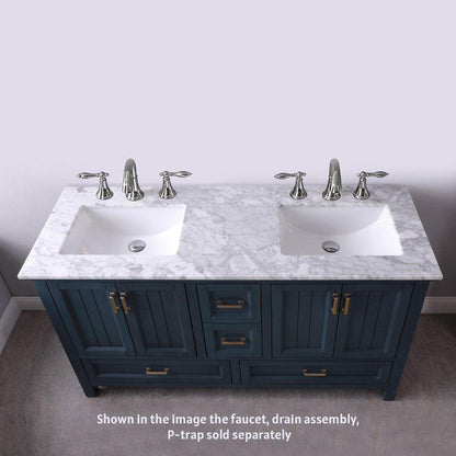 Altair Isla 60" Double Classic Blue Freestanding Bathroom Vanity Set With Mirror, Natural Carrara White Marble Top, Two Rectangular Undermount Ceramic Sinks, and Overflow