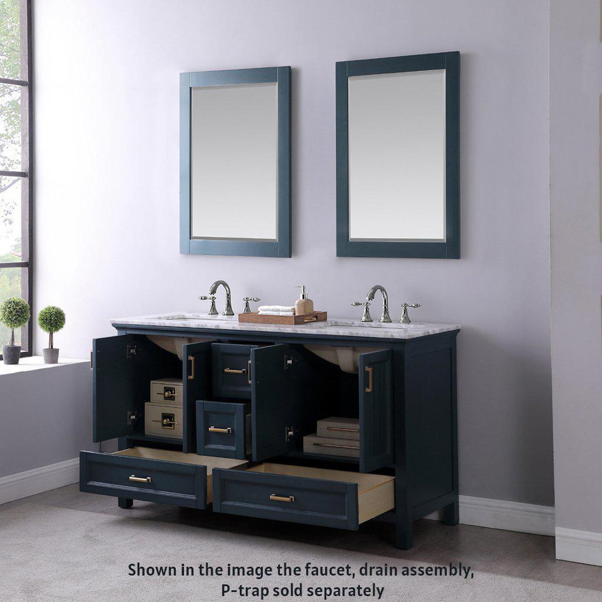 Altair Isla 60" Double Classic Blue Freestanding Bathroom Vanity Set With Mirror, Natural Carrara White Marble Top, Two Rectangular Undermount Ceramic Sinks, and Overflow