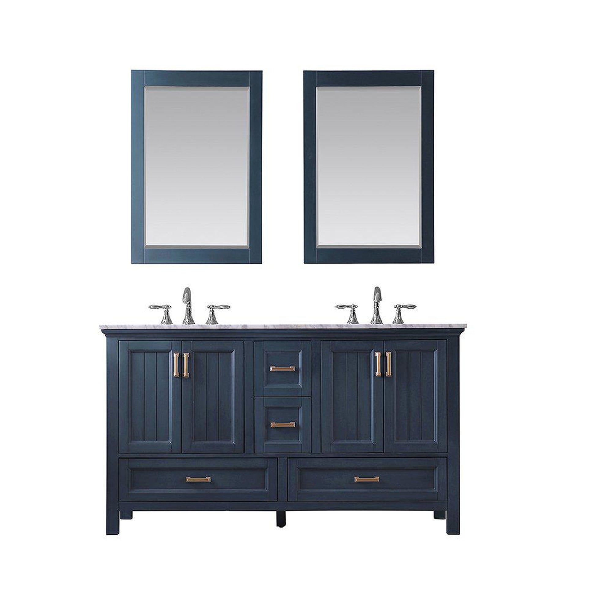 Altair Isla 60" Double Classic Blue Freestanding Bathroom Vanity Set With Mirror, Natural Carrara White Marble Top, Two Rectangular Undermount Ceramic Sinks, and Overflow