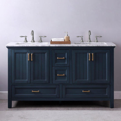 Altair Isla 60" Double Classic Blue Freestanding Bathroom Vanity Set With Natural Carrara White Marble Top, Two Rectangular Undermount Ceramic Sinks, and Overflow