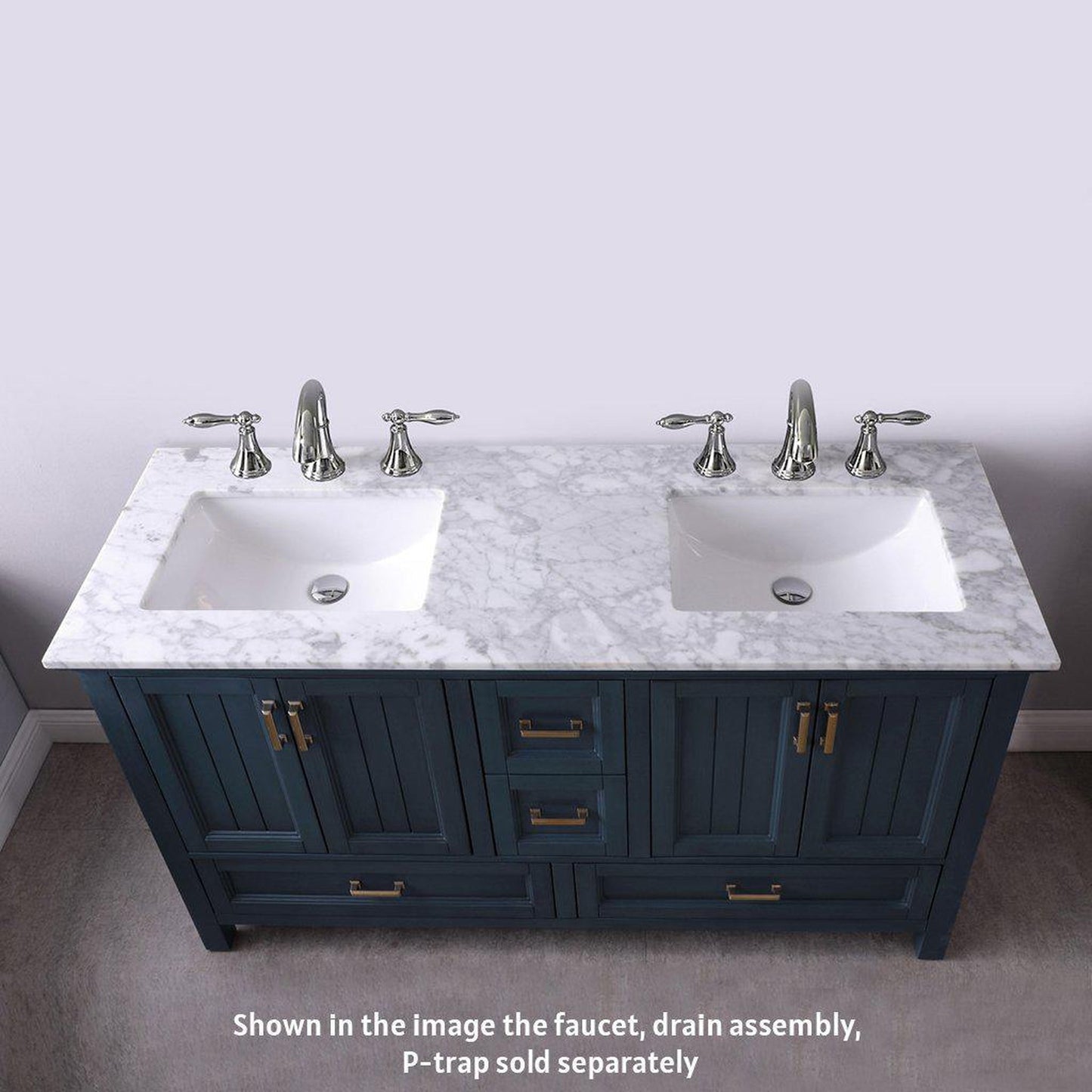 Altair Isla 60" Double Classic Blue Freestanding Bathroom Vanity Set With Natural Carrara White Marble Top, Two Rectangular Undermount Ceramic Sinks, and Overflow