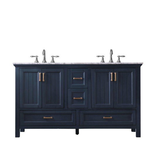 Altair Isla 60" Double Classic Blue Freestanding Bathroom Vanity Set With Natural Carrara White Marble Top, Two Rectangular Undermount Ceramic Sinks, and Overflow