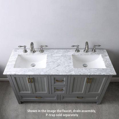 Altair Isla 60" Double Gray Freestanding Bathroom Vanity Set With Mirror, Natural Carrara White Marble Top, Two Rectangular Undermount Ceramic Sinks, and Overflow