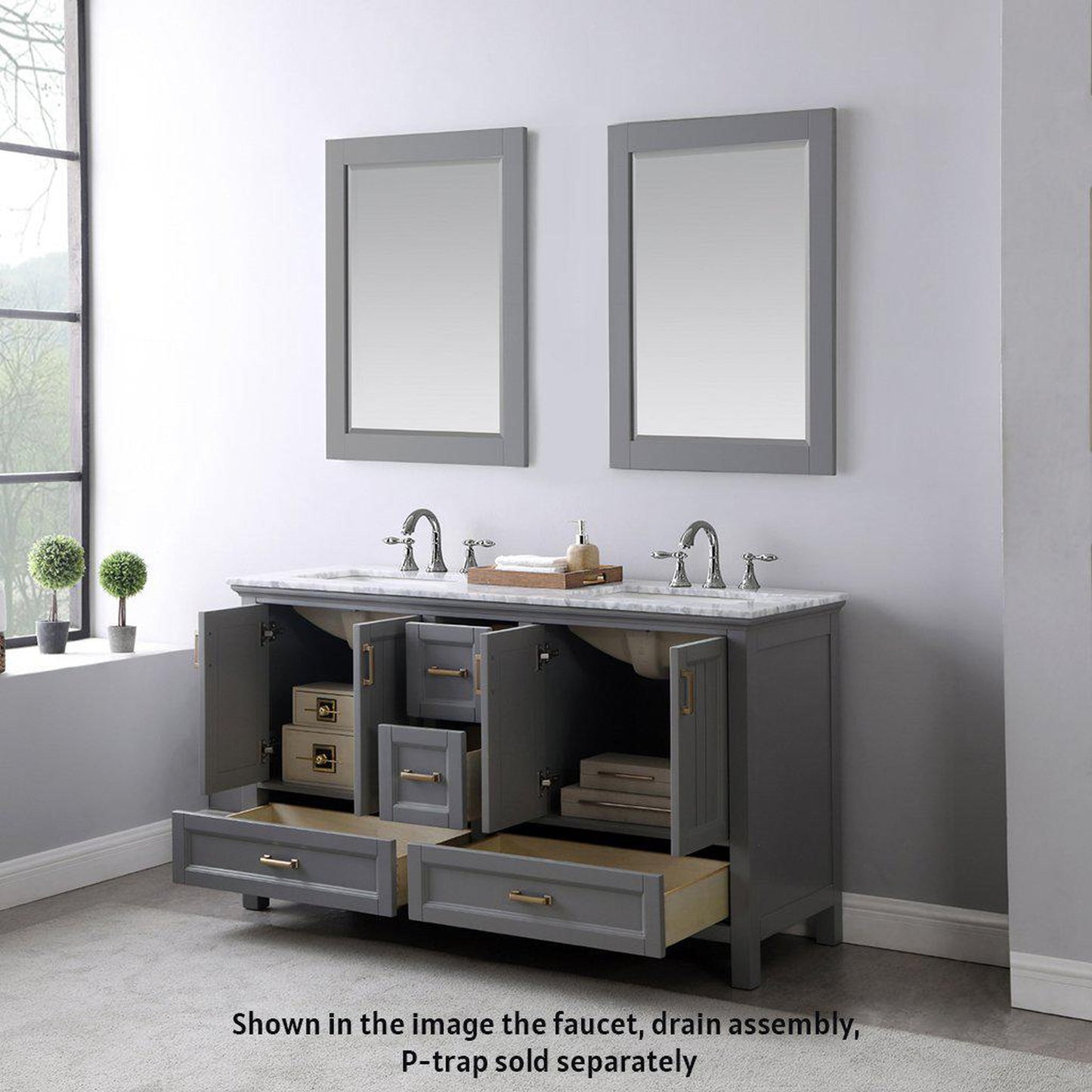 Altair Isla 60" Double Gray Freestanding Bathroom Vanity Set With Mirror, Natural Carrara White Marble Top, Two Rectangular Undermount Ceramic Sinks, and Overflow