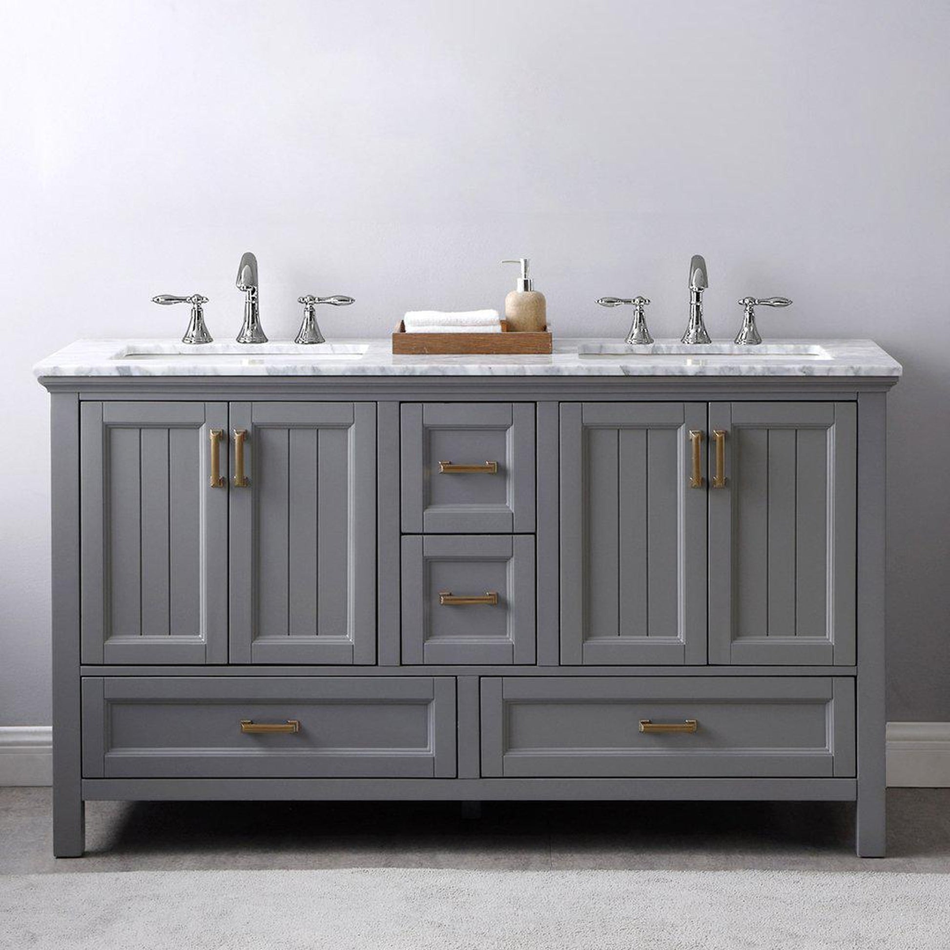 Altair Isla 60" Double Gray Freestanding Bathroom Vanity Set With Natural Carrara White Marble Top, Two Rectangular Undermount Ceramic Sinks, and Overflow