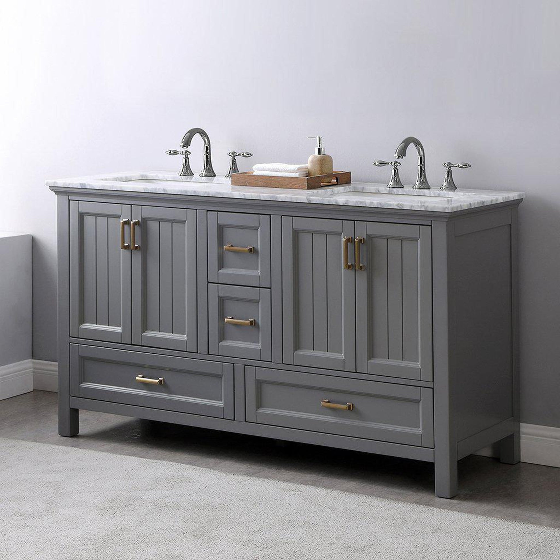 Altair Isla 60" Double Gray Freestanding Bathroom Vanity Set With Natural Carrara White Marble Top, Two Rectangular Undermount Ceramic Sinks, and Overflow