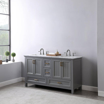 Altair Isla 60" Double Gray Freestanding Bathroom Vanity Set With Natural Carrara White Marble Top, Two Rectangular Undermount Ceramic Sinks, and Overflow