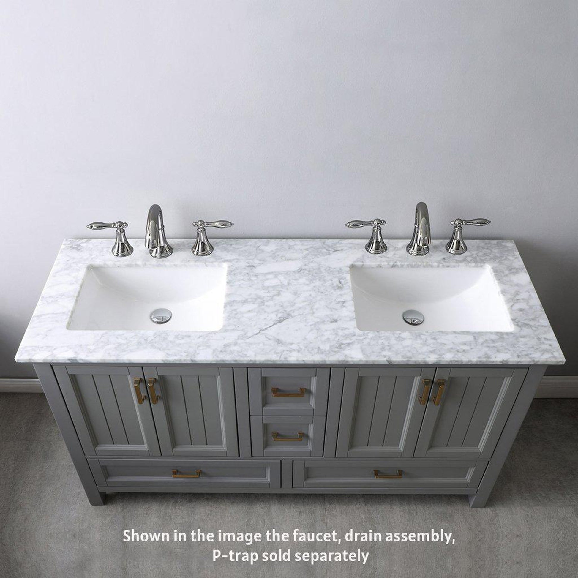 Altair Isla 60" Double Gray Freestanding Bathroom Vanity Set With Natural Carrara White Marble Top, Two Rectangular Undermount Ceramic Sinks, and Overflow