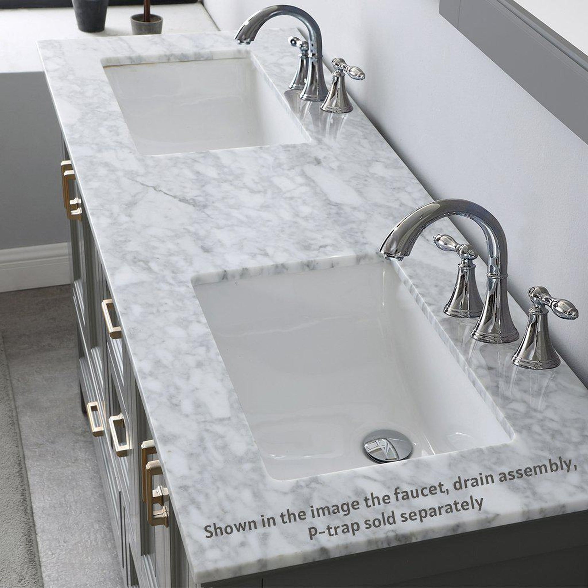 Altair Isla 60" Double Gray Freestanding Bathroom Vanity Set With Natural Carrara White Marble Top, Two Rectangular Undermount Ceramic Sinks, and Overflow