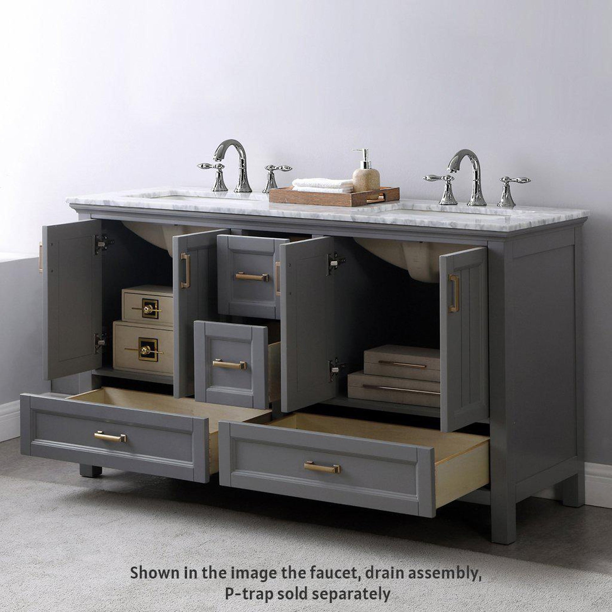 Altair Isla 60" Double Gray Freestanding Bathroom Vanity Set With Natural Carrara White Marble Top, Two Rectangular Undermount Ceramic Sinks, and Overflow