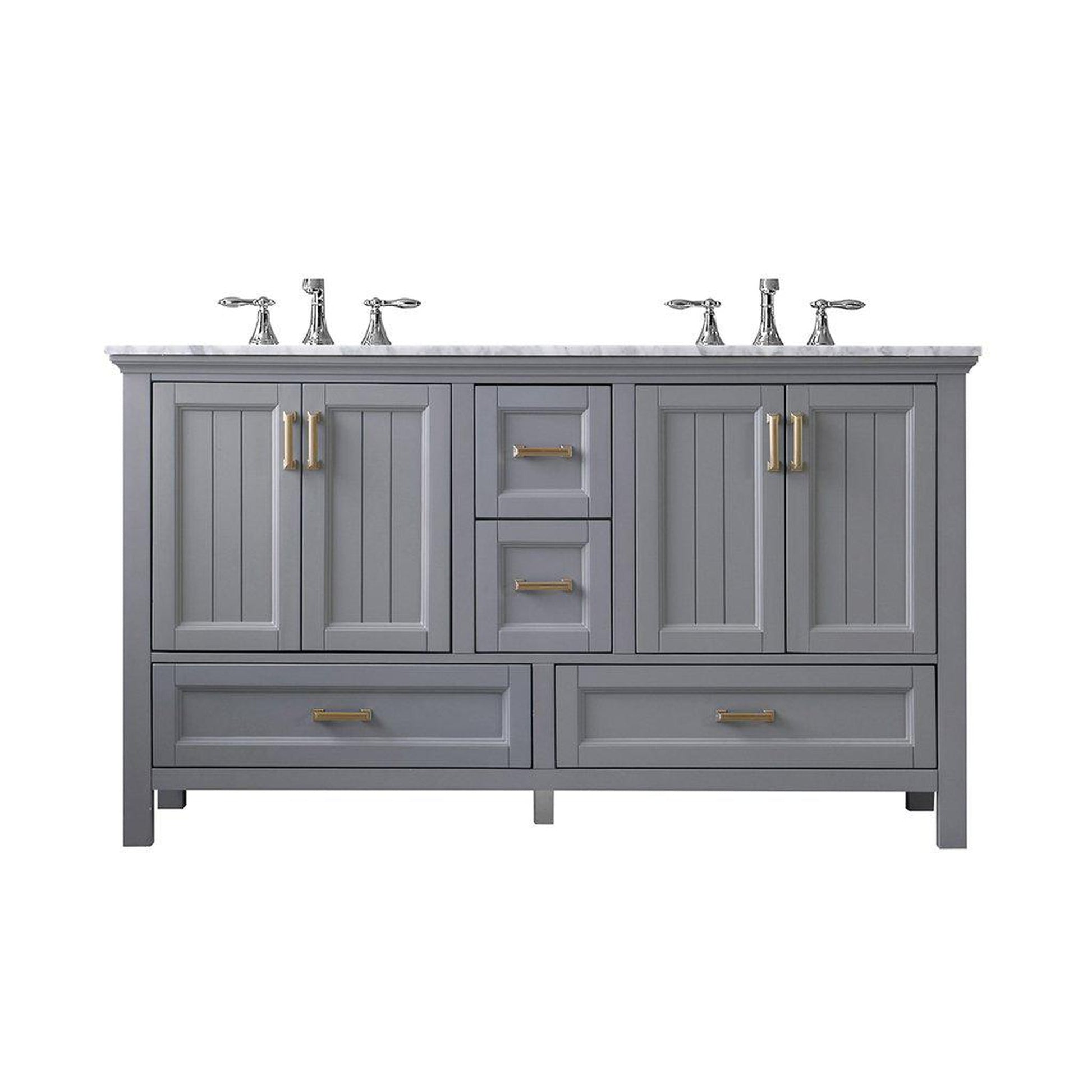 Altair Isla 60" Double Gray Freestanding Bathroom Vanity Set With Natural Carrara White Marble Top, Two Rectangular Undermount Ceramic Sinks, and Overflow