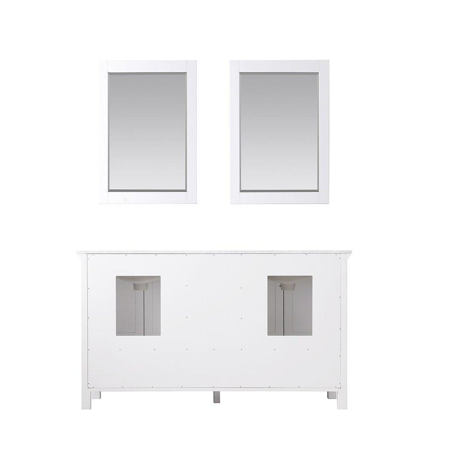 Altair Isla 60" Double White Freestanding Bathroom Vanity Set With Mirror, Natural Carrara White Marble Top, Two Rectangular Undermount Ceramic Sinks, and Overflow