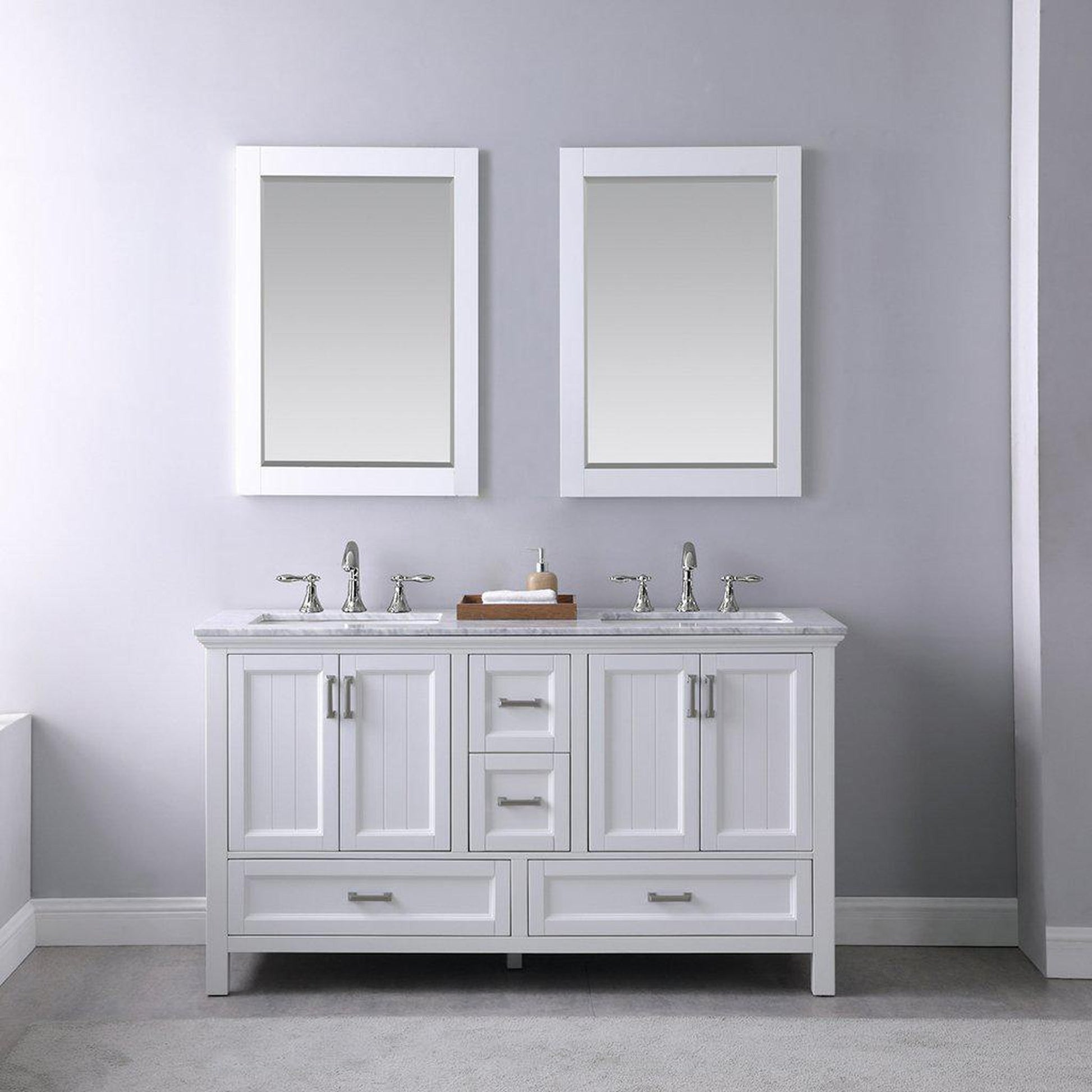 Altair Isla 60" Double White Freestanding Bathroom Vanity Set With Mirror, Natural Carrara White Marble Top, Two Rectangular Undermount Ceramic Sinks, and Overflow