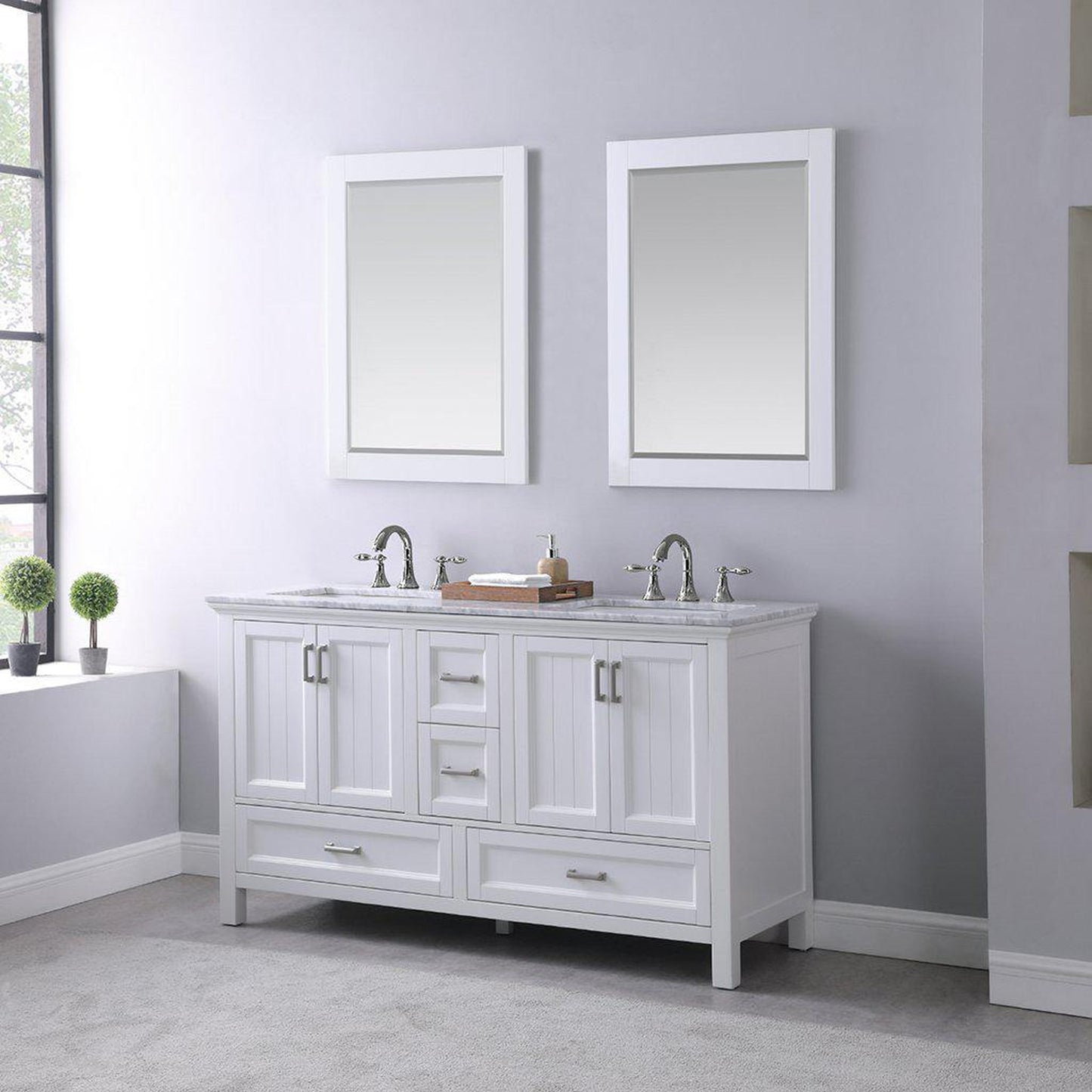 Altair Isla 60" Double White Freestanding Bathroom Vanity Set With Mirror, Natural Carrara White Marble Top, Two Rectangular Undermount Ceramic Sinks, and Overflow