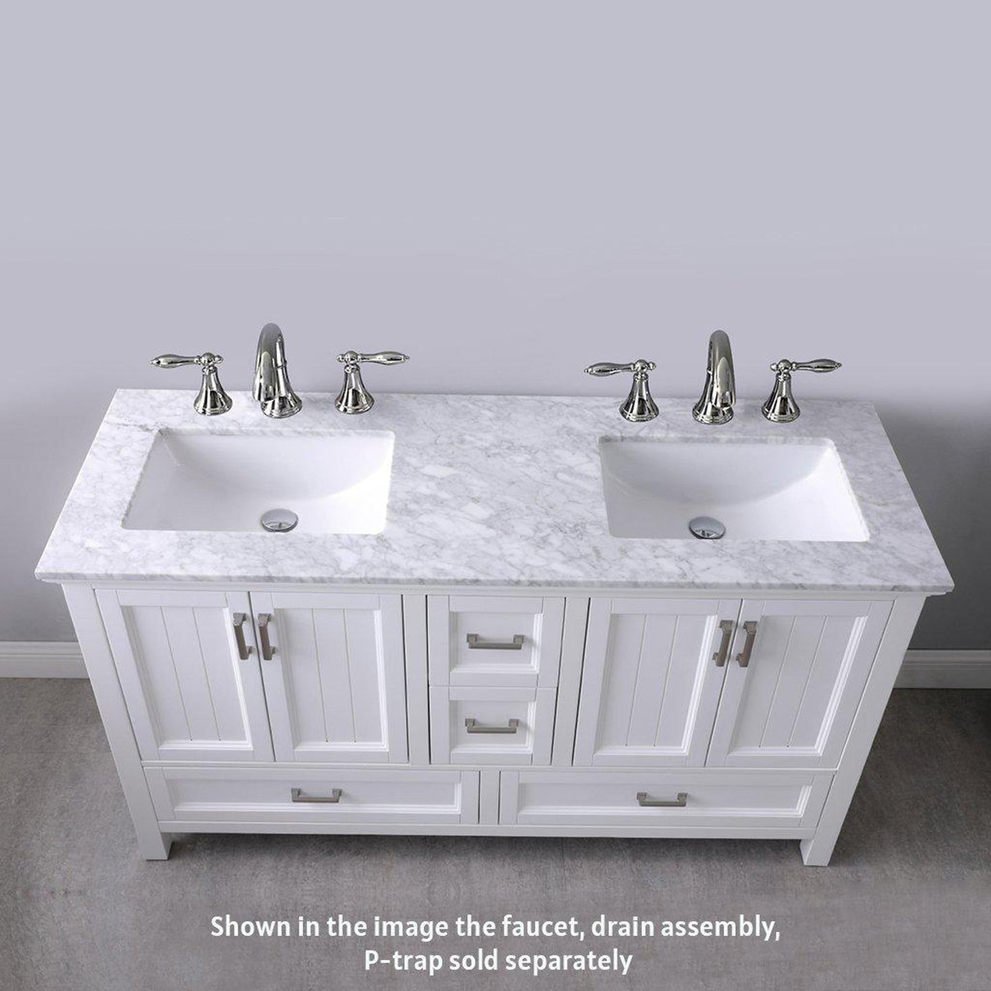 Altair Isla 60" Double White Freestanding Bathroom Vanity Set With Mirror, Natural Carrara White Marble Top, Two Rectangular Undermount Ceramic Sinks, and Overflow